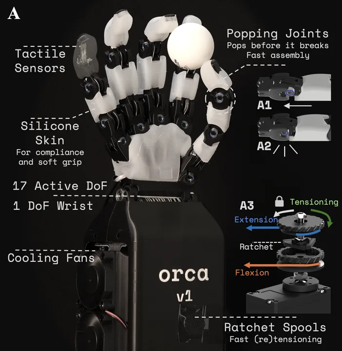 Overview figure: ORCA: An Open-Source, Reliable, Cost-Effective, Anthropomorphic Robotic Hand for Uninterrupted Dexterous Task Learning